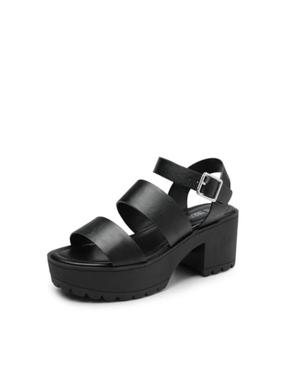 Faux Leather Platform Heeled Sandals with Block Heel & Adjustable Ankle Strap